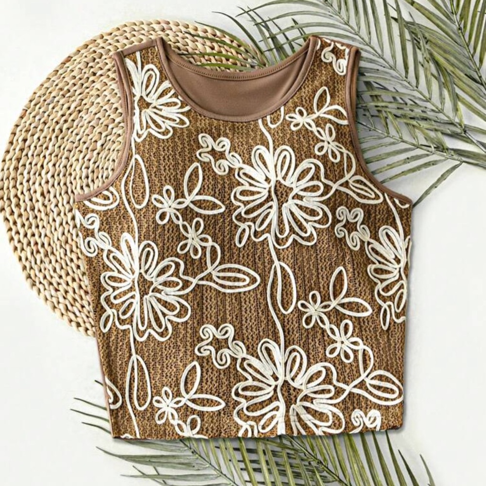 Floral Embroidered Brown and White Women's Top